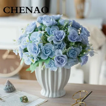 

CHENAO Court Retro Style Blue Rose Peony For New House Living Room Home Wedding Decoration W/ Vase Classical Elegance