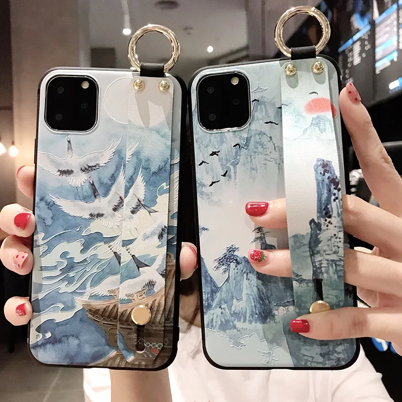 

Landscape bird wristband phone case for iphone 11 pro MAX X XR XS MAX 7 8 6 6s Plus protective cover hand strap protective cover