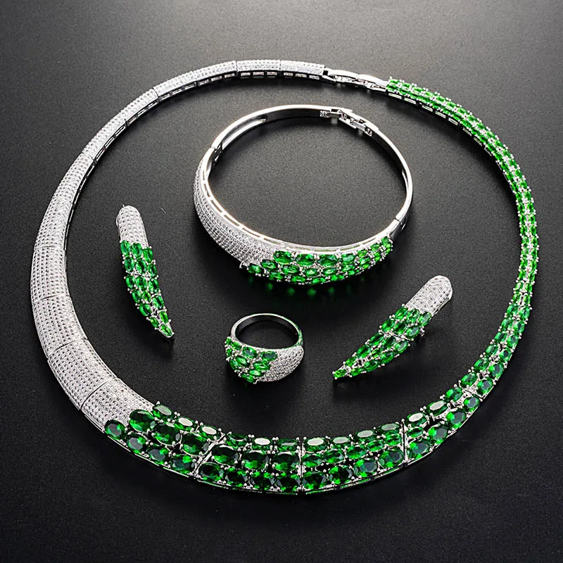 Viennois, зеленый/красный цвет, ожерелье, набор для женщин, стразы, висячие серьги, кольцо, браслет, набор, вечерние ювелирные изделия, набор - Окраска металла: Green Color
