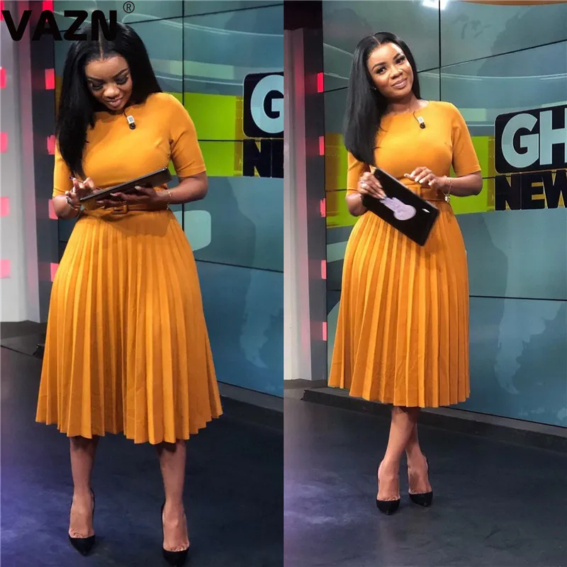 VAZN Autumn Red Yellow Party O-neck Streetwear A-line Club Sexy Slim Young Dress Elegant Short Sleeve dress Lady Dress