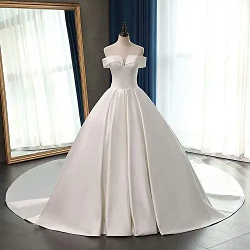 

Fashion Off-Shoulder Short Sleeves Ball Gown Wedding Dresses Vestido De Noiva High Quality Satin Court Train Bride Gowns Lace-up