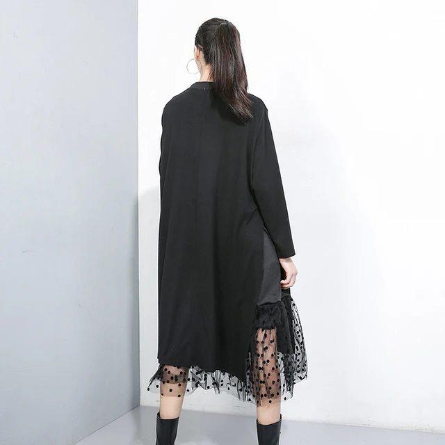 [EAM] Women Black Mesh Dot Split Joint Dress New Stand Collar Long Sleeve Loose Fit Fashion Tide Spring Autumn 2022 1B593 4