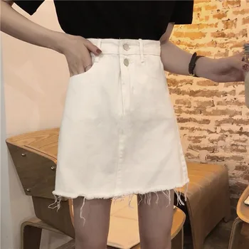

Korean Women Skirt White Button Denim Jeans Short Mini Skirts Elegant Chic Solid High Waist Sexy Club Skirt Zipper Summer 2020