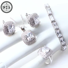 Белый Цирконий Серебро 925 Свадебные Ювелирные наборы серьги с камнями ожерелье Браслеты Кулон Кольцо для женщин Набор подарочных коробок