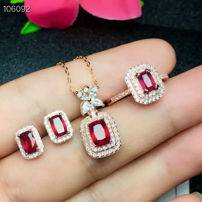 

MeiBaPJ Burmese Burned Ruby Gemstone Fine Wedding Jewelry Sets 925 Silver Earrings Ring Pendant Necklace Three-piece Suite