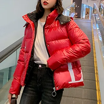 

2019 New Zipper Fashion Short Cotton Quilted Hooded Jacket Warm Winter Jacket Women Solid Winter Jacket Back With Letter Print