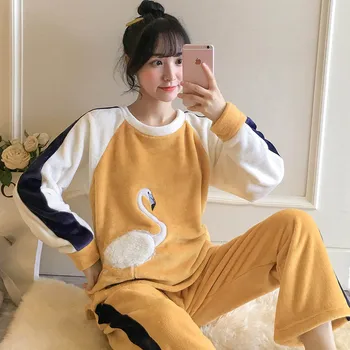 

Thickening Warm Pajamas For Women Winter New Pajamas Set Flannel 2 Pieces Female Sleepwear Long Sleeve Cute Home Service