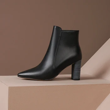 

2020 Office Women Ankle Boots Autumn Winter Square High Heeled Chelsea Boots Genuine Leather Zipper Shoes Woman