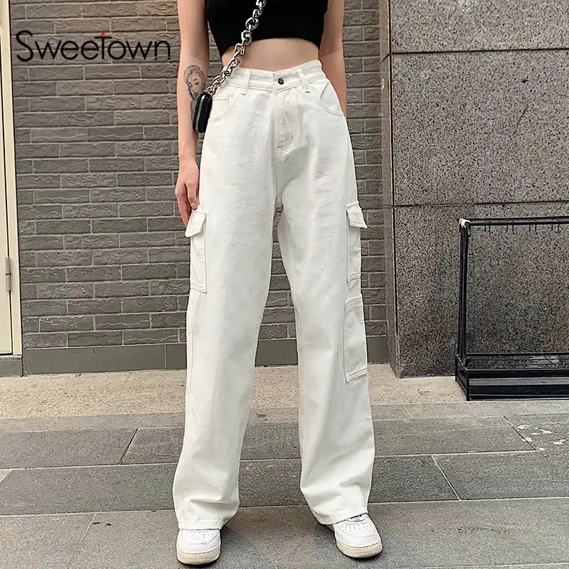 Sweetown White Solid Baggy Jeans 