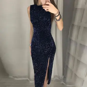 

Fashion sheath bodycon slim sleeveless sexy party club women's elegant midi dress irregular sequin split dress