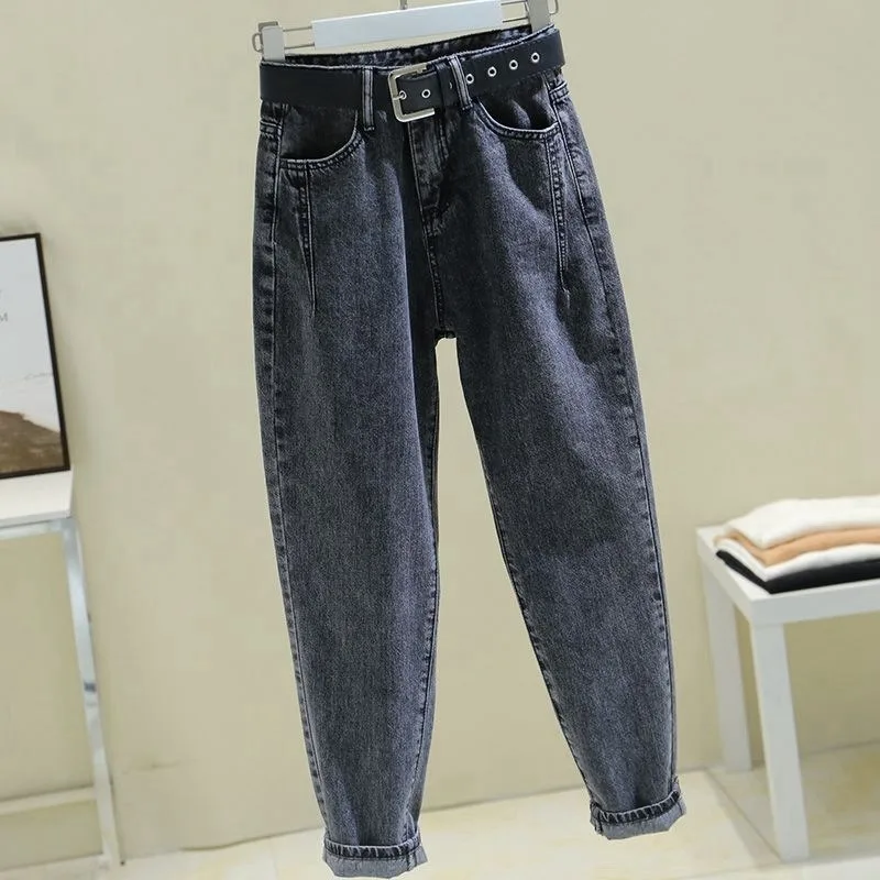 

Smoky gray jeans women's 2020 autumn and winter new Korean style loose high waist slimming wild Harlan daddy pants trend