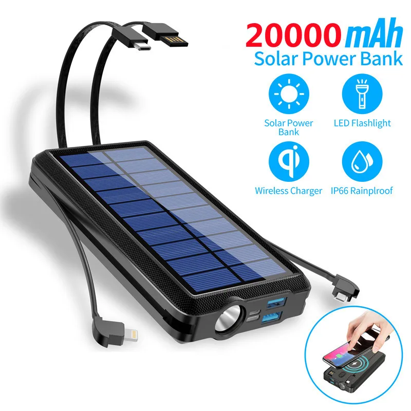 Solar Power Bank PD 18W QC3.0 Two-Way Fast Charge Outdoor Powerbank Phone External Battery Portable Charger Auxiliary Battery powerbank 20000