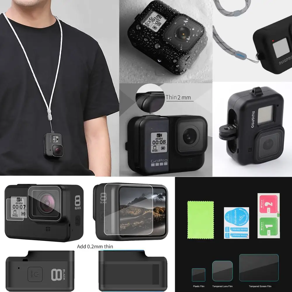 for Gopro Accessories Set go pro hero 8 kit EVA case Tempered film waterproof Housing case red filter Frame silicone Protector