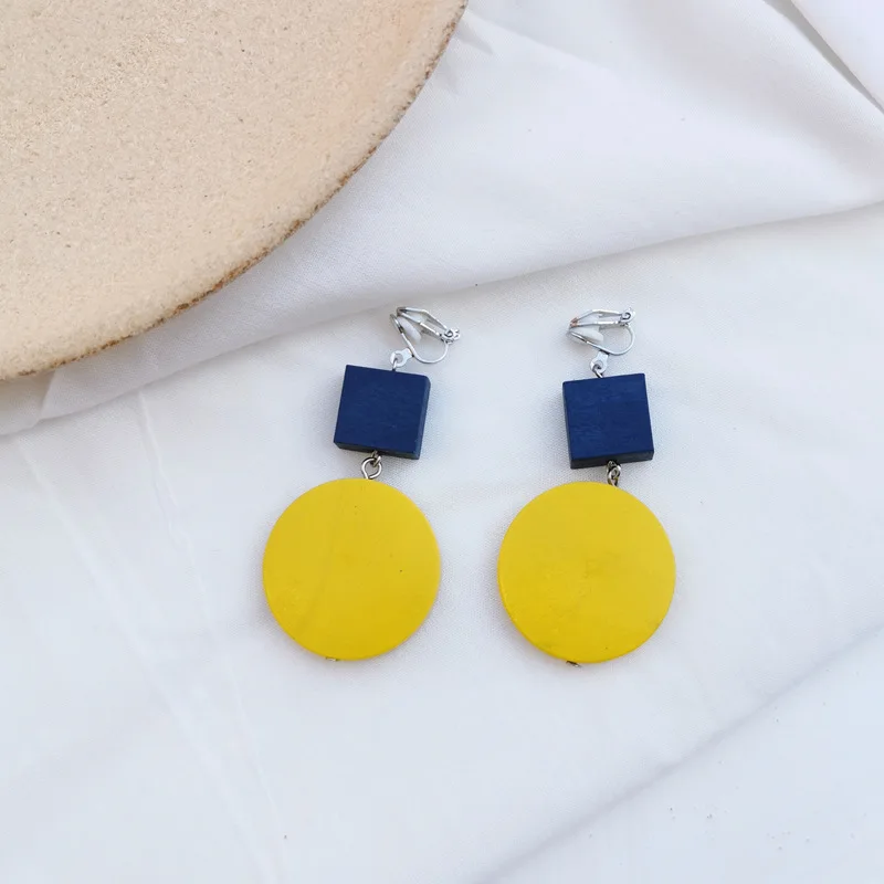 blue clip earring Геометрическая круглая деревянная дисковая клипса, серьги для женщин, геометрическая форма, смелый цвет, квадратный срез, клипсы, серьги, не пирсинг, отверстие - Окраска металла: blue clip earring