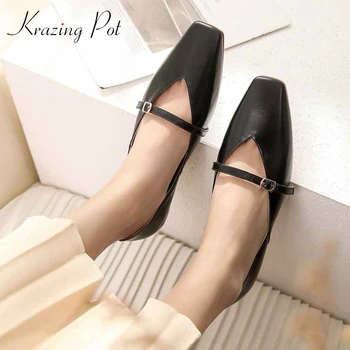 

Krazing pot genuine leather solid sweet ladies shoes buckle straps simple style square toe women flat with comfortable shoes L28