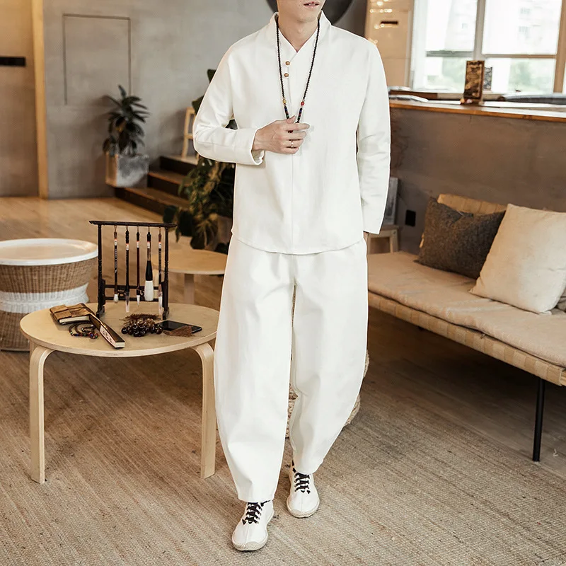 

Chinese Style Men Cotton Linen Retro Style Han Tang Suit Slim Chinese Tunic Costume Men's Clothing Top+Pants White Long Sleeves