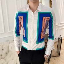 Летняя Классическая рубашка в стиле пэчворк для мужчин из хлопчатобумажной ткани с длинным рукавом, облегающие повседневные мужские рубашки