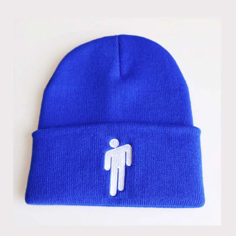 Шапки с вышивкой Billie Eilish для девочек и мальчиков, Повседневная вязаная теплая зимняя женская шапка, Мужская однотонная Кепка в стиле хип-хоп - Цвет: Синий