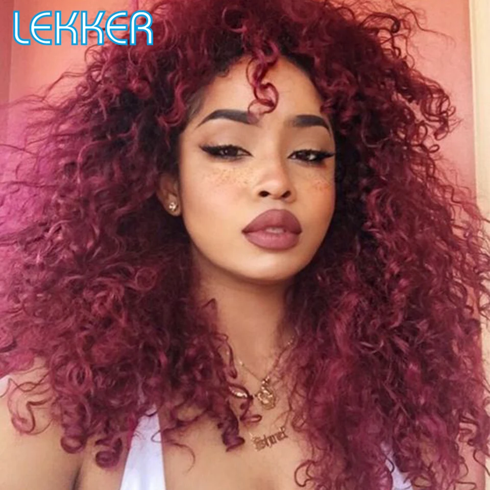 Lekker Burgundy Red Afro Kinky Curly Human Hair Wig With Bangs For Women Jerry Curl Bob Brazilian Remy Natural Machine Made Wigs