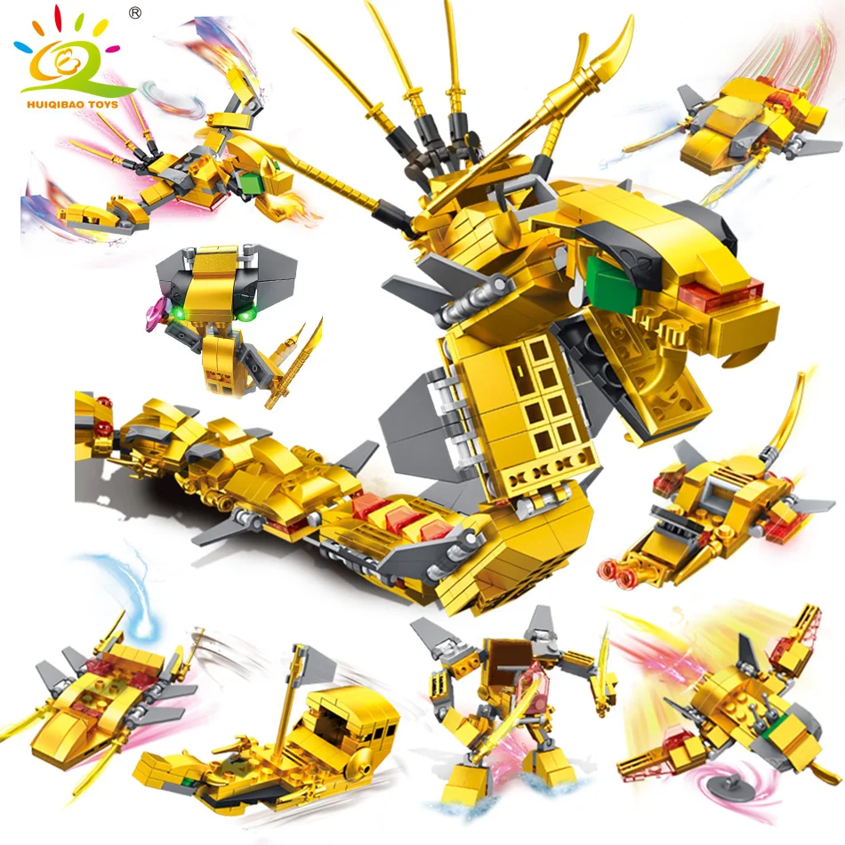 

HUIQIBAO TOYS 724pcs 8in1 Golden Dragon Flying Mecha Building Blocks For Children Legoingly Ninjaed Boat Kai Jay Figures Bricks