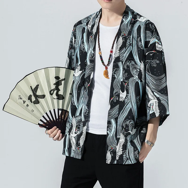

Retro Chinese-style MEN'S Wear Summer Thin Section Loose And Plus-sized Chinese Clothing Coat Japanese-style Crane Printed Small