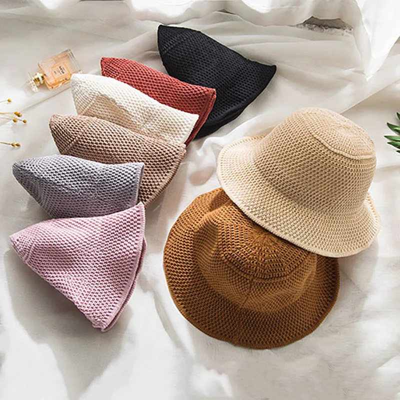 Летние корейские соломенные шляпы для женщин, одноцветная вязаная Панама, шляпа для путешествий, солнцезащитные козырьки, дышащие шапки ручной работы, складные