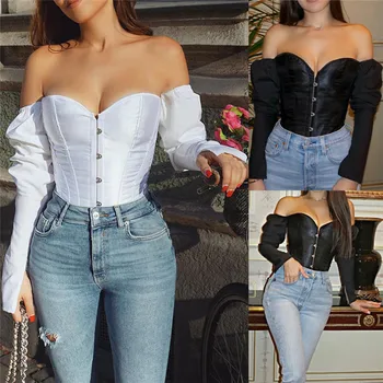 

Women Off Shoulder Corset Top Shirt Sexy Vintage Long Sleeve T-shirt Slim Casual Solid Top