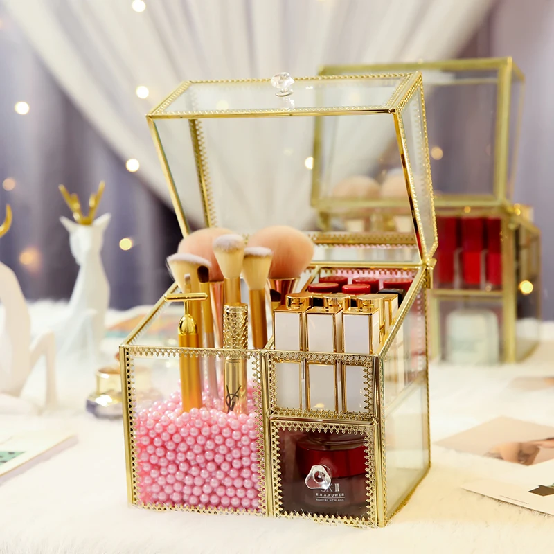 

ANFEI Makeup Tools Pen Brushes Box With Glass Sand Beads Clear Makeup Tools Storage Holder Case Can Put Makeup Brushes