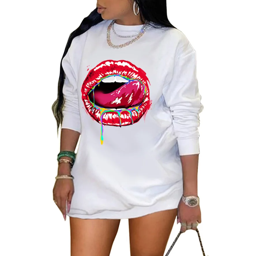 Fashion Sweatshirt Dress O Collar Long Sleeve Mini Style Tops 90s Aesthetic Harajuku Female Cartoon Lip Print | Женская одежда
