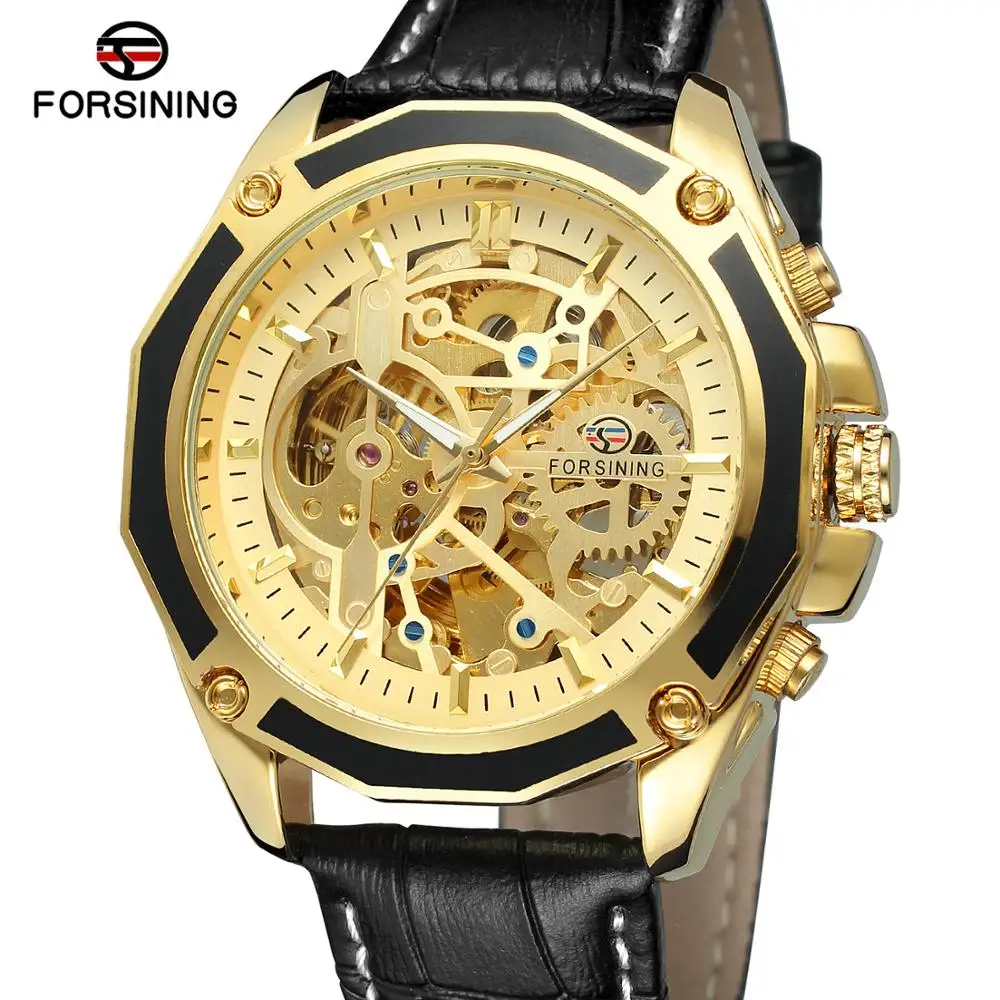 

Military Hollow Gear Skeleton Automatic Mechanical Watch Wristwatch for men Leather Band Male Clock Men Relogio Masculino