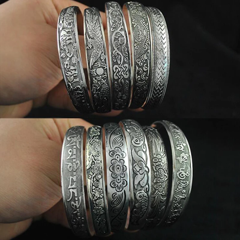 Vintage Cuff Bracelet Tibetan Silver Plated Carved Flower Geometric Animal Opening Bangle Adjustable Indian Jewelry Gift Women bangle bracelet