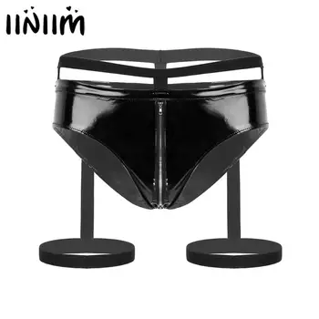 

Hot Mens Patent Leather Lingerie Sexy Clubwear Latex Parties Jockstraps Bulge Pouch Boxer Briefs Underwear with Leg Garters Belt