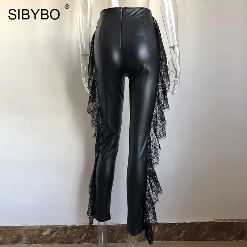 SIBYBO кружевные лоскутные брюки из искусственной кожи с высокой талией женские