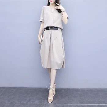 

Fashion Summer Sets Skirts Two Pieces Set 2020 New Large Size Cotton and Linen Suits Short Sleeve t shirt+Skirt Female Outfit