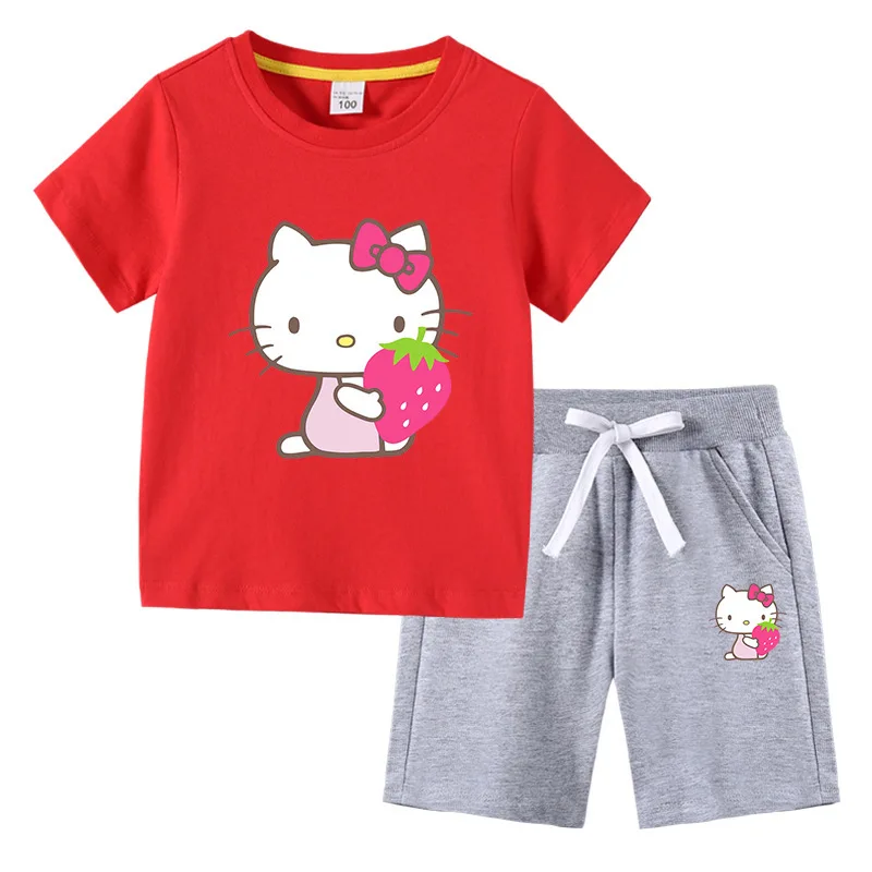 thumbnail image 1 of Camiseta con estampado de dibujos animados de verano de Hello Kitty + Pantalones casuales traje de dos piezas de manga corta de algodón para niños y niñas pueden usar, 1 of 5