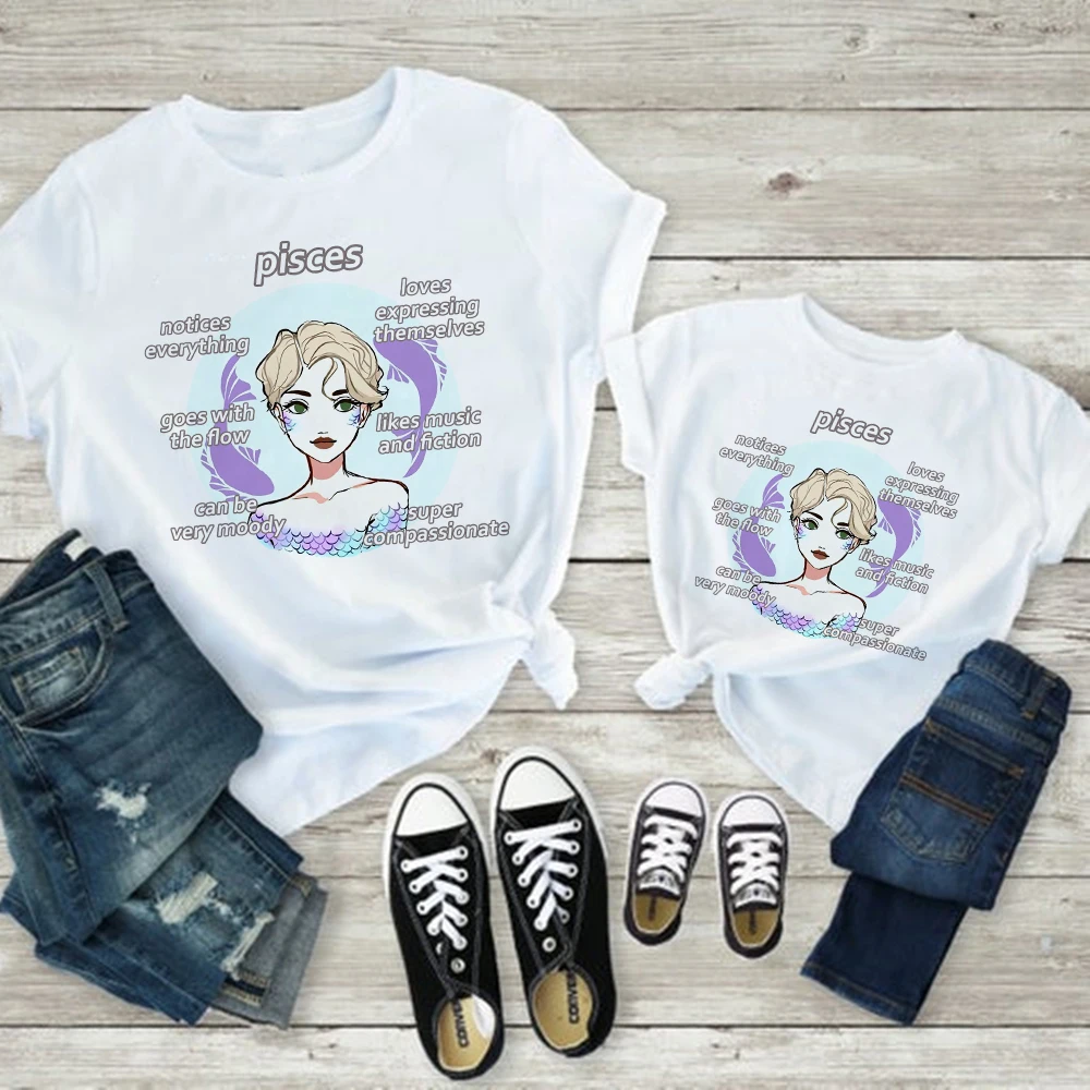 

Constellations Pisces Vogue Fashion Casual Family Look Graphic T Shirt O-neck Simple Ullzang Kids Girl Clothes Top Tees
