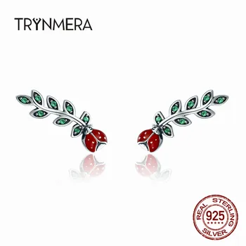 

trynmera 100% 925 Sterling Silver Insect Red Ladybug in Tree Leaves Earrings jewelry for Women Fine Earrings JewelryTE056