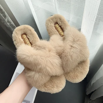 

2019 Winter Women Home Slippers with Faux Fur Fashion Warm Shoes Woman Slip on Flats Female Slides Black off white slipper