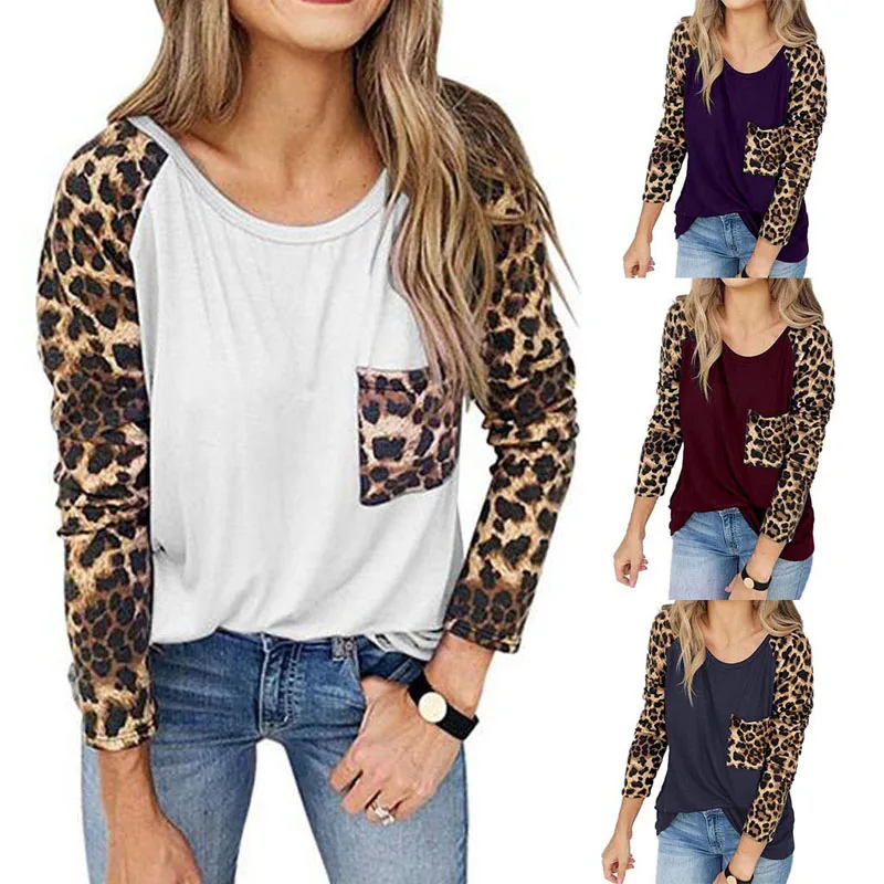 Новая модная женская футболка с длинным рукавом и леопардовым принтом, большой размер, джемпер, пуловер, топы, черный, синий, белый, красный