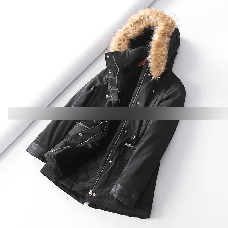 

15c50 Commuting Casual Style Versatile Thick Cotton-padded Clothes Women's Hooded Fur Collar Black And White with Pattern Cotton
