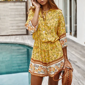 

Fashionable women's printed bow tie jumpsuit cotton high waist nine-point sleeve short jumpsuit bohemian beach clothing
