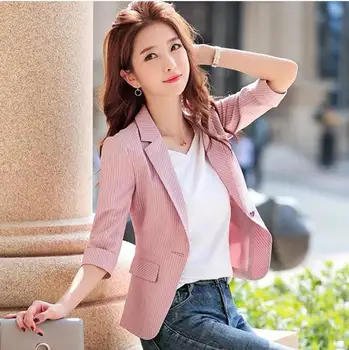 

2020 Korean Fashion Women Striped Short Blazers And Jackets Seven Sleeve Outerwear Elegant Ladies Coats Work Wear Pink Plus Size