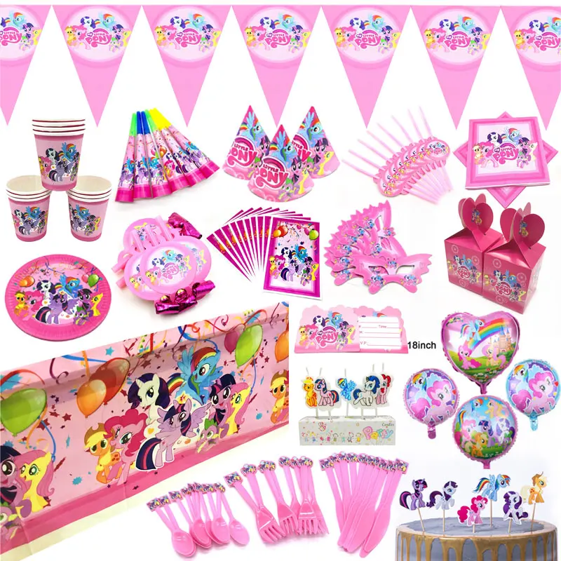 My Little Pony принадлежности для дня рождения украшения Воздушные шары игрушки My Little Pony выдувные салфетки чашки тарелки маска конфетная коробка баннеры