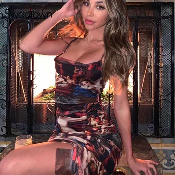 

Sweetown Off Shoulder Skinny Ruched Mini Dress Female Party Clubwear Sleeveless Vintage Aesthetic Print Ladies Dresses Summer