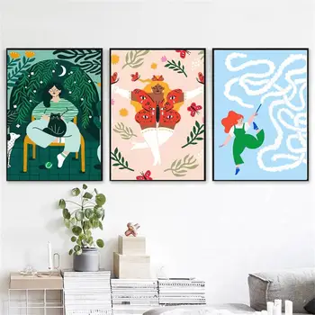 

Vintage Girl Butterfly Pigeon Flower Leaf Wall Art Canvas Painting Nordic Posters And Prints Wall Pictures For Living Room Decor