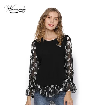 

2020 Fall Winter Women New Large Size Pullover Flare Sleeve Chiffon Material Loose Stitching Printed Knit Sweater C-125
