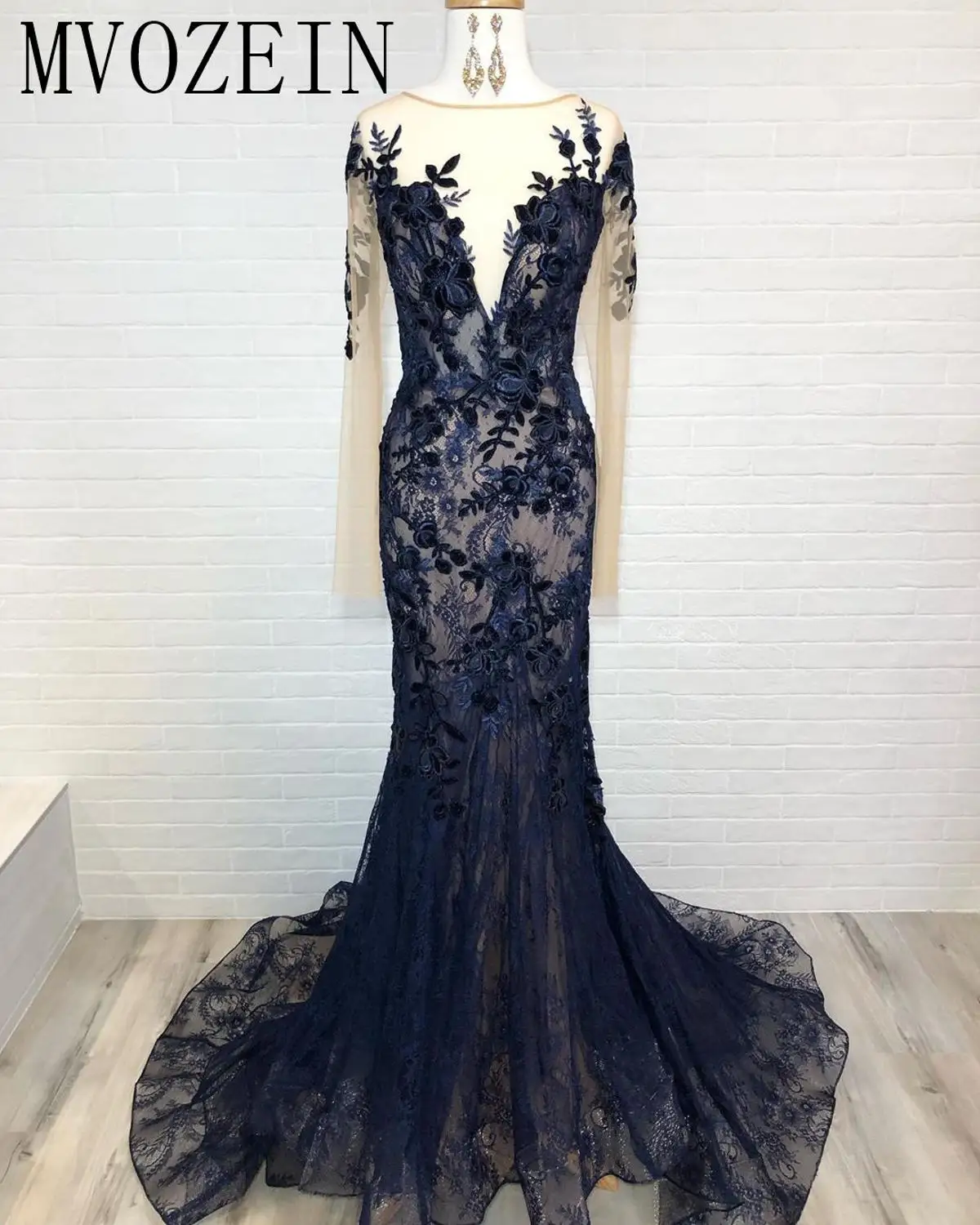 Same as image Vestidos Зеленые Вечерние платья Русалка с кружевной аппликацией 3D цветок Длинные рукава Черное длинное вечернее платье вечерние платья - Цвет: Same as image