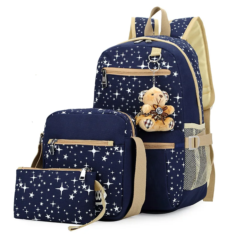 

Canvas Backpack Four-piece Set Korean-style GIRL'S Schoolbag for Elementary School Students Cute Fresh Cartoon Printed Junior Hi