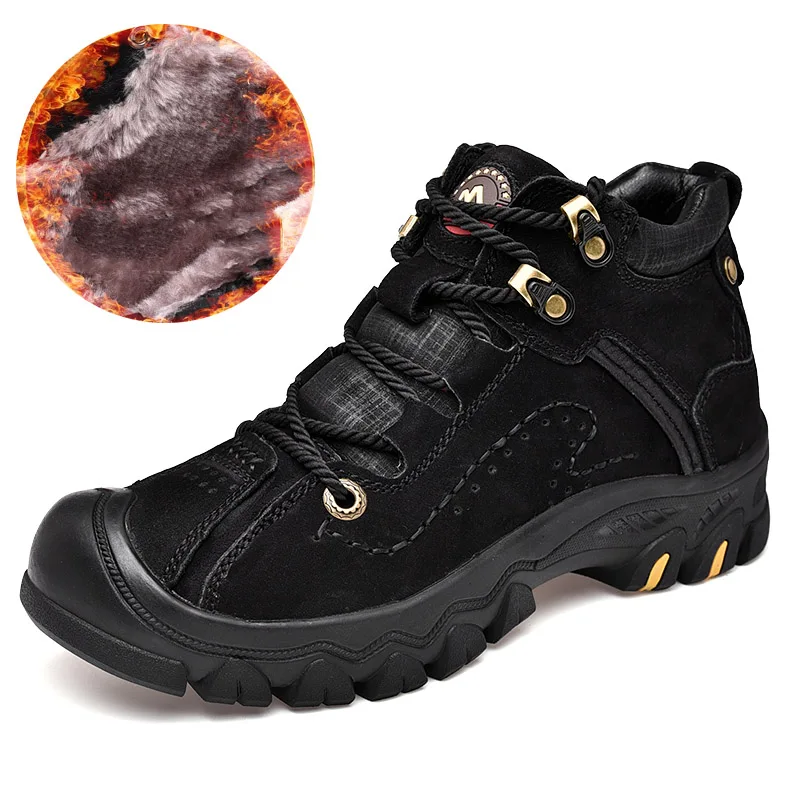 Мужские ботинки ручной работы из натуральной кожи; очень теплая зимняя обувь на шнуровке; Мужские Зимние ботильоны высокого качества; Мужская обувь; размеры 36-48 - Цвет: Black