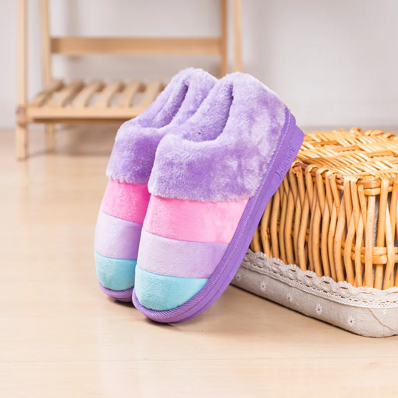 Winter Color Striped Wool Slippers Couple Home Thick Warm Men and Women Cotton Slippers House Slippers Cute Plush Women Shoes